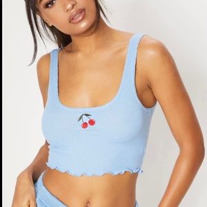 Baby Blue Cherry Ribbed Crop Top